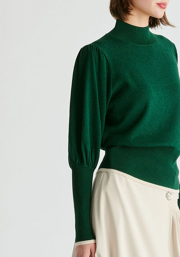 High Neck Knitted Top with Contrast Trim in Green Closeup